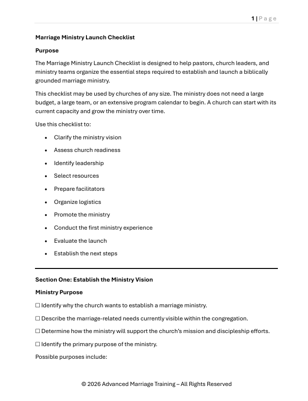 Marriage Ministry Launch Checklist Cover Page
